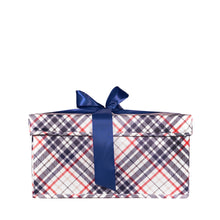 Load image into Gallery viewer, Medium blue and red plaid collapsible gift box with satin ribbon attached, great zero waste solution for sustainable and eco-friendly gift boxes - EverWrap
