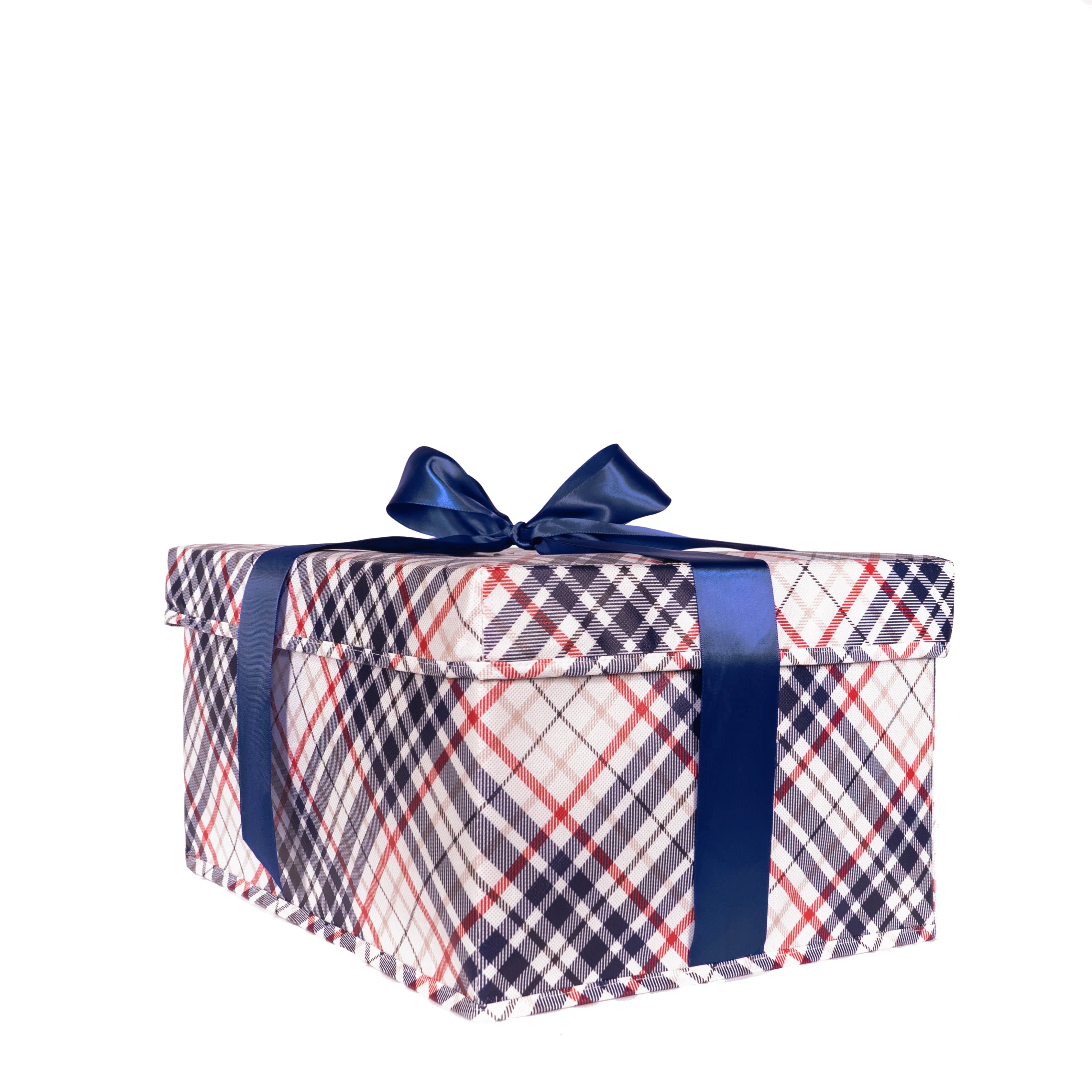 Medium blue and red plaid collapsible gift box with satin ribbon