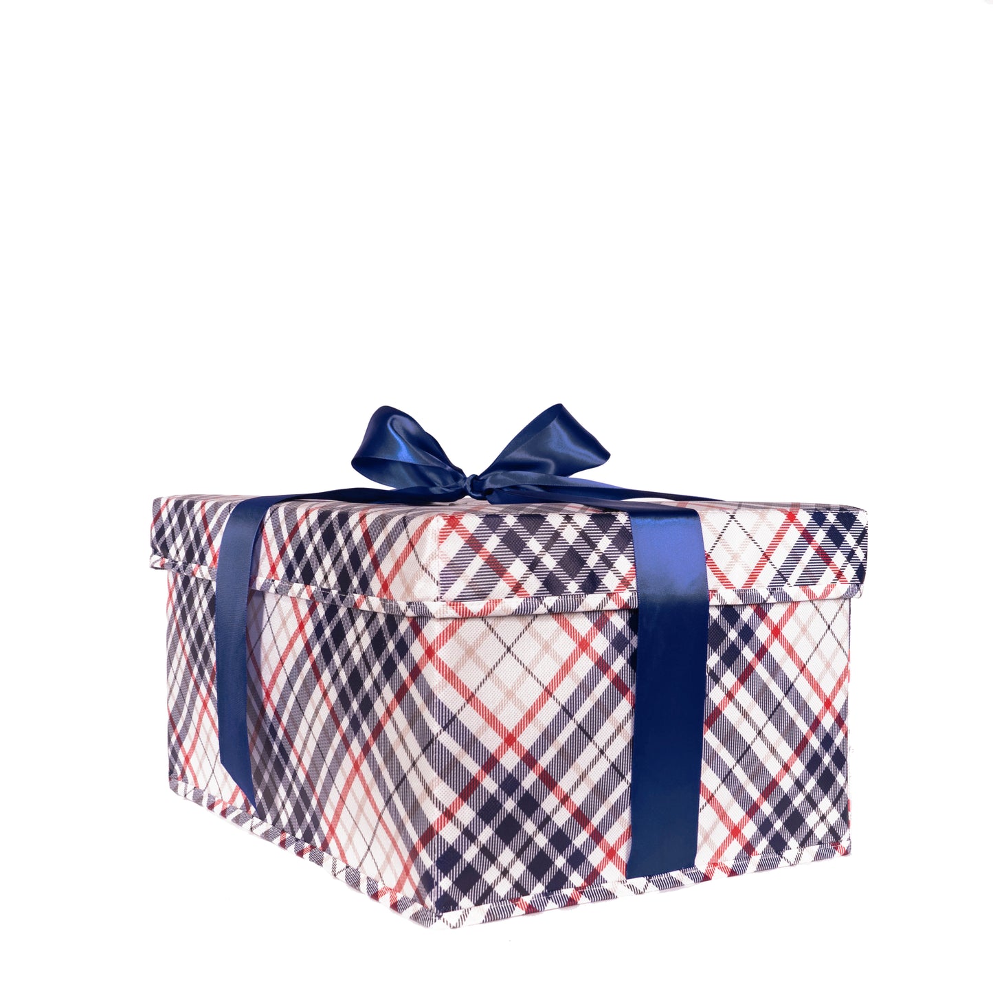 Medium blue and red plaid collapsible gift box with satin ribbon attached, great zero waste solution for sustainable and eco-friendly gift boxes - EverWrap