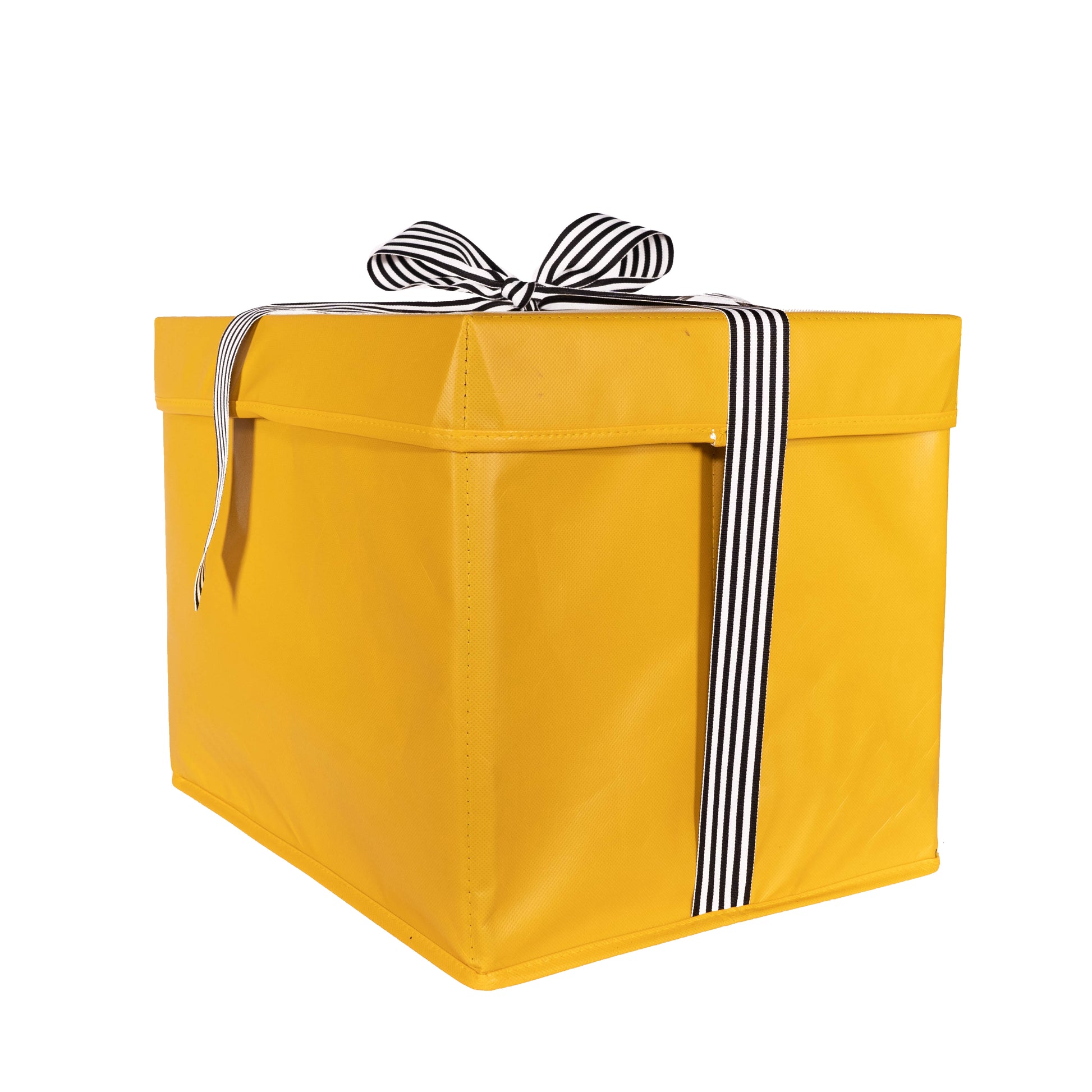 IRREGULAR - Large Yellow Heavy-Duty Extra Strong Collapsible Gift Box with black and white grosgrain ribbon attached, great zero waste solution for sustainable and eco-friendly gift boxes - EverWrap