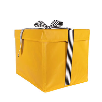 IRREGULAR - Large Yellow Heavy-Duty Extra Strong Collapsible Gift Box with black and white grosgrain ribbon attached, great zero waste solution for sustainable and eco-friendly gift boxes - EverWrap