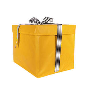 Large Yellow Heavy-Duty Extra Strong Collapsible Gift Box with black and white grosgrain ribbon attached, great zero waste solution for sustainable and eco-friendly gift boxes - EverWrap