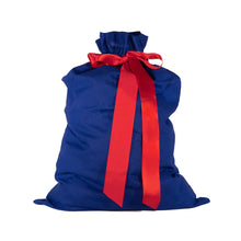 Load image into Gallery viewer, Blue Cotton Sleigh Bag 27&quot; tall with satin closure, reusable wrapping for larger gifts - EverWrap

