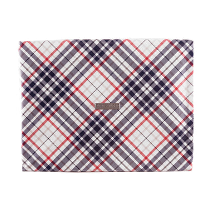 Medium blue and red plaid collapsible gift box with satin ribbon attached, great zero waste solution for sustainable and eco-friendly gift boxes - EverWrap