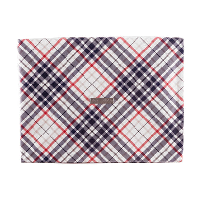 Medium blue and red plaid collapsible gift box with satin ribbon attached, great zero waste solution for sustainable and eco-friendly gift boxes - EverWrap