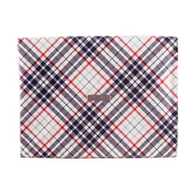 Load image into Gallery viewer, Medium blue and red plaid collapsible gift box with satin ribbon attached, great zero waste solution for sustainable and eco-friendly gift boxes - EverWrap
