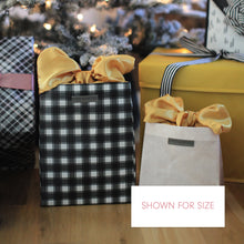 Load image into Gallery viewer, Black and White Buffalo Check with Gold Satin Bow, fold, store, and reseal with our reusable gift bag, satin closure makes for an eco-friendly gift bag - EverWrap
