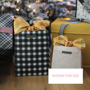 Black and White Buffalo Check with Gold Satin Bow, fold, store, and reseal with our reusable gift bag, satin closure makes for an eco-friendly gift bag - EverWrap