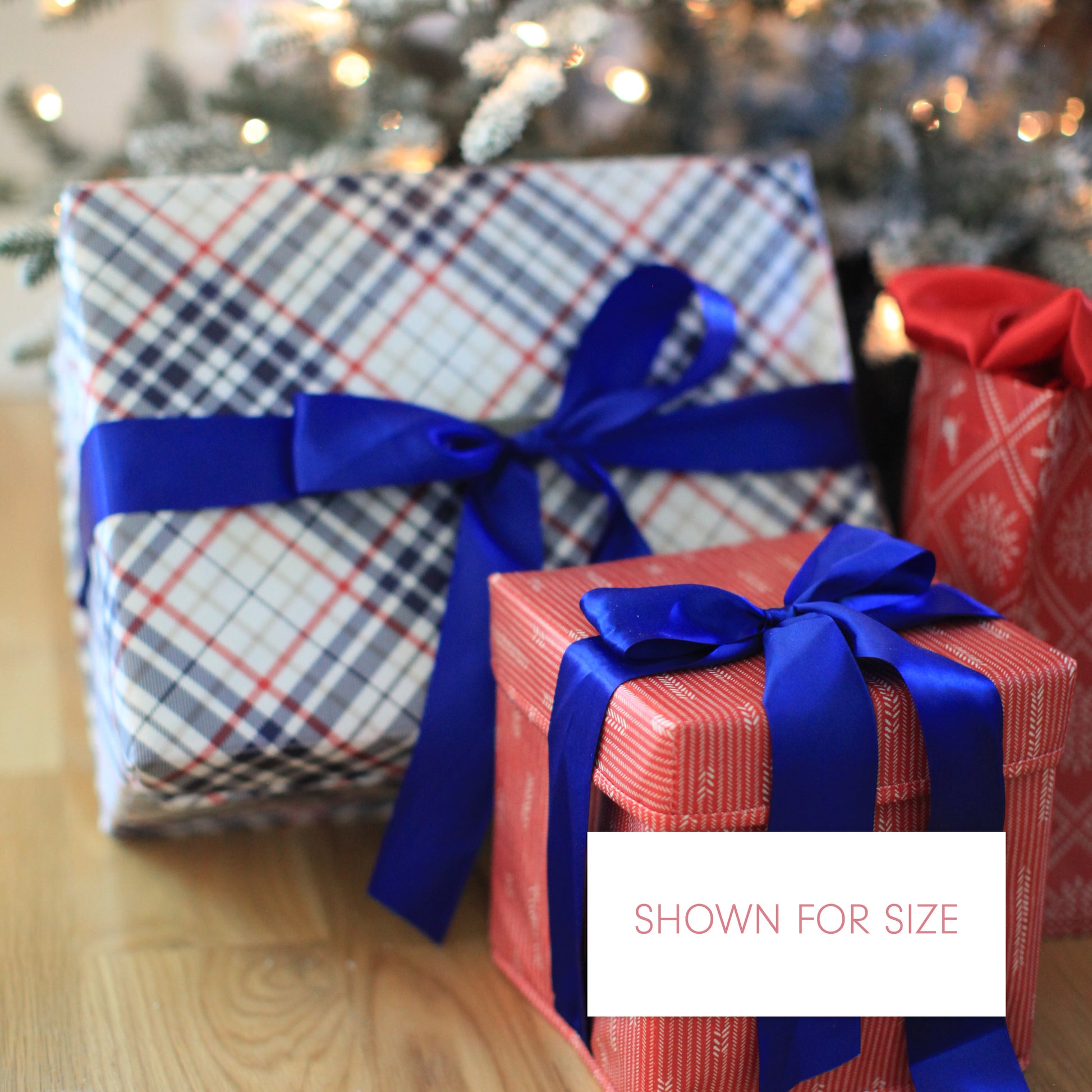 Medium blue and red plaid collapsible gift box with satin ribbon attached, great zero waste solution for sustainable and eco-friendly gift boxes - EverWrap