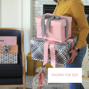 Medium Heavy-Duty Extra Strong pink and grey plaid collapsible gift box with satin ribbon attached, great zero waste solution for sustainable and eco-friendly gift boxes - EverWrap