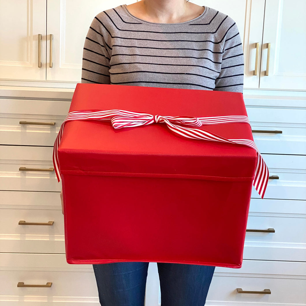 Large Red Heavy-Duty Extra Strong Collapsible Gift Box with ribbon attached, great zero waste solution for sustainable and eco-friendly gift boxes