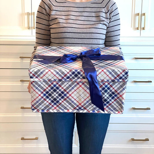 WHOLESALE QTY 15 Medium blue and red plaid collapsible gift box with satin ribbon attached, great zero waste solution for sustainable and eco-friendly gift boxes