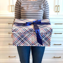 Load image into Gallery viewer, WHOLESALE QTY 15 Medium blue and red plaid collapsible gift box with satin ribbon attached, great zero waste solution for sustainable and eco-friendly gift boxes
