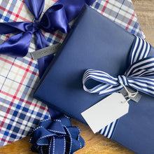 Load image into Gallery viewer, WHOLESALE QTY 15 Medium blue and red plaid collapsible gift box with satin ribbon attached, great zero waste solution for sustainable and eco-friendly gift boxes
