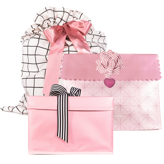 Dusty Pinks, Black and White Reusable set of 1 sleigh bag, 1 Large reusable gift bag with magnet closure, 1 extra heavy duty gift box with grosgrain ribbon and 1 pink and white bow with felted wool charm - EverWrap