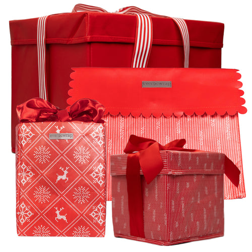 4-Piece Resuable Gift Box and Gift Bag Set in Red: 2 Extra Strong Collapsible Gift Boxes with Ribbon Closure Attached, 1 Gift Bag with Magnet Closure and 1 Gift Bag with Satin Closure - EverWrap