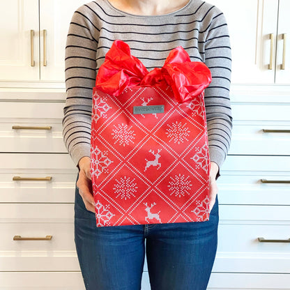 Bundle of 10 EverBags: Medium Holiday Red with Wintry Knitted Sweater Design and Red Satin Bow Closure