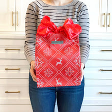 Load image into Gallery viewer, WHOLESALE QTY 15 Holiday Red with Wintry Knitted Sweater Design fold, store, and reseal with our reusable gift bag, satin closure makes for an eco-friendly gift bag
