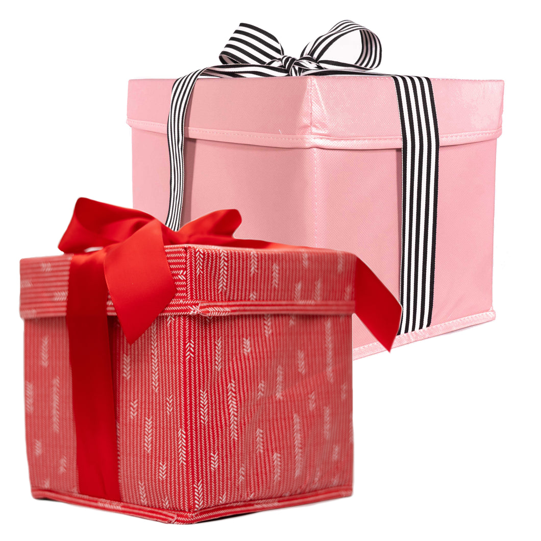 Set of Two Red and Pink Collapsible Gift Boxes Extra Strong Heavy-Duty and Built-In Ribbon for Maximum Reusability - EverWrap