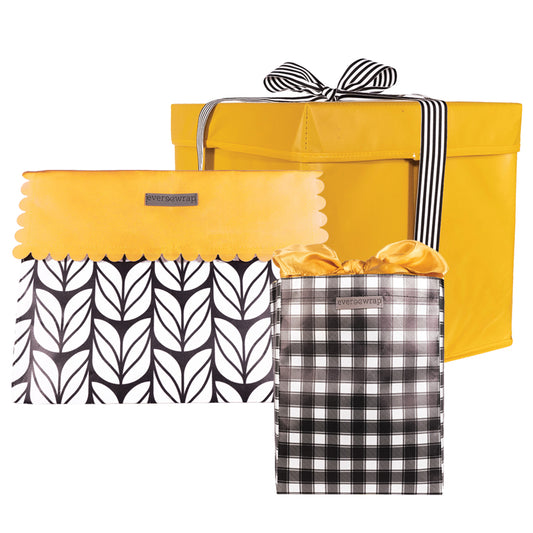 Black and White Gift Box and Bags, Buffalo check and Tulips with Big Pops of Yellow, collapsible and reusable zero-waste gift wrapping - EverWrap