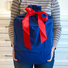Load image into Gallery viewer, Blue Cotton Sleigh Bag 27&quot; tall with satin closure, reusable wrapping for larger gifts
