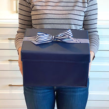 Load image into Gallery viewer, Small Shoebox-Sized Blue Collapsible Gift Box with ribbon attached, great zero waste solution for sustainable and eco-friendly gift boxes
