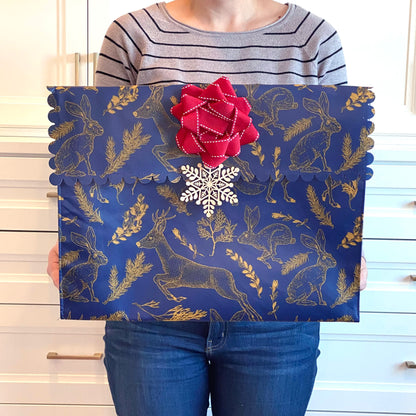 EverEnvelope: Large Navy Reusable Gift Bag with Forest Animals and Magnetic Closure