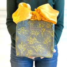 Load image into Gallery viewer, Grey and Gold Floral Print Small Reusable Gift Bag with Gold Satin Bow Collapsible Bag Heavy Duty for Zero Waste Reusability For Every Holiday
