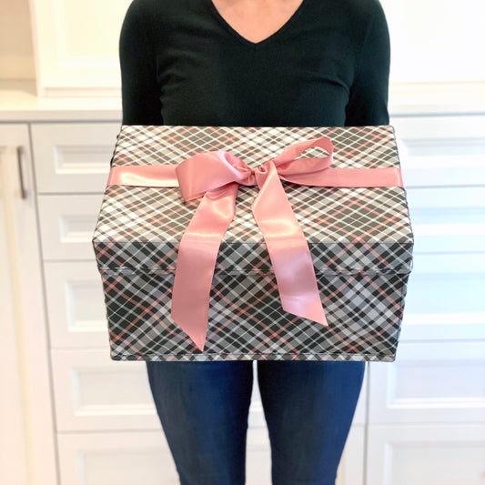 Medium Heavy-Duty Extra Strong pink and grey plaid collapsible gift box with satin ribbon attached, great zero waste solution for sustainable and eco-friendly gift boxes