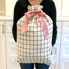 Load image into Gallery viewer, WHOLESALE QTY 15 White with Black Grid Pattern Cotton Sleigh Bag 27&quot; tall with satin closure, reusable wrapping for larger gifts
