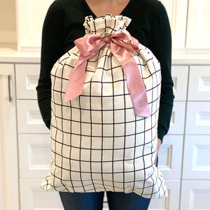 WHOLESALE QTY 15 White with Black Grid Pattern Cotton Sleigh Bag 27" tall with satin closure, reusable wrapping for larger gifts
