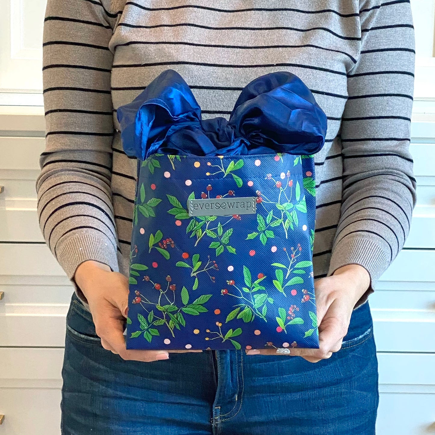 IRREGULAR - Blue Reusable gift bag, Berry and Green Foliage with Royal Blue Satin Bow makes storing and reusing this gift bag an easy sustainable zero-waste choice