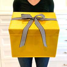Load image into Gallery viewer, WHOLESALE QTY 15 Large Yellow Heavy-Duty Extra Strong Collapsible Gift Box with black and white grosgrain ribbon attached, great zero waste solution for sustainable and eco-friendly gift boxes
